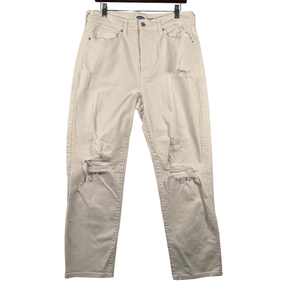 Old Navy Womens 12 Sky-Hi Straight Jeans White Distressed Extra High‎ Rise